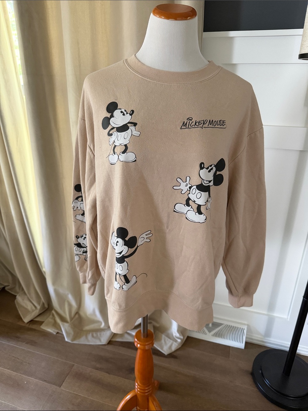 Disney Tan Crewneck Sweatshirt with Black & White Mickey Graphics